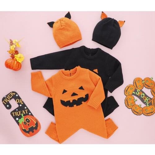 2021-07-07 Lioraitiin 2Pcs Baby Boy Girl Halloween Outfit Smiling Face Long Sleeves Romper Cute Hat 2Styles Jumpsuit Clothing