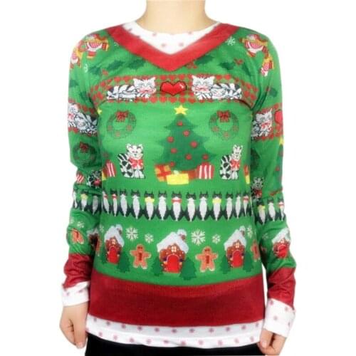 Cute Meowy Christmas T Shirt for Women Kawaii Girls 3D Fake Two Piece Cat Gingerbread Man Print Christmas Holiday Xmas T Shirts