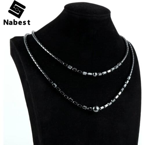 Men Women Natural Hematite Geometric 2 layers Round Bead Charm Necklace Clavicle Chain Choker Simple Design Party Jewelry