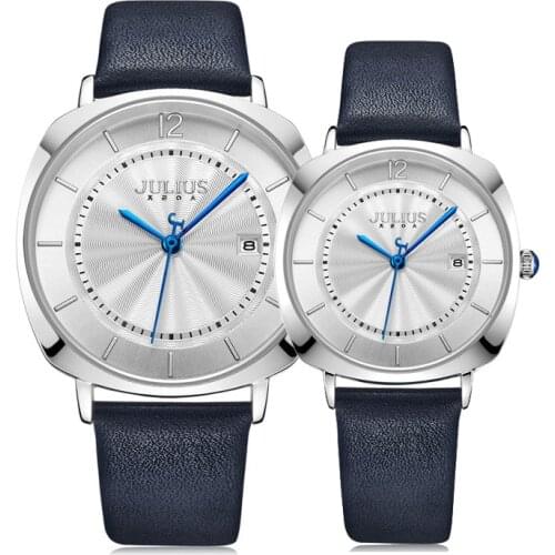 Auto Date Julius Mens Watch Womens Watch Couple Lovers' Clock Fashion Hours Real Leather Simple Boy Girls Birthday Gift Box