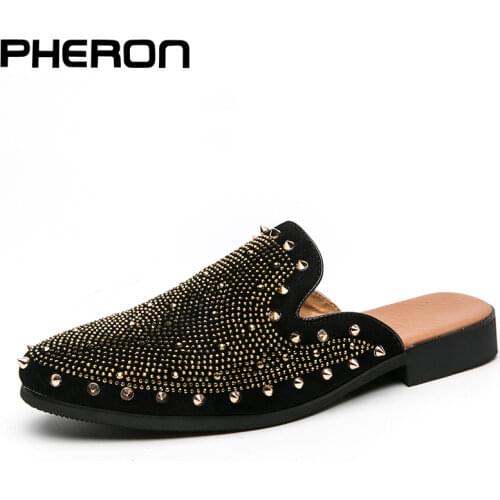 New Men Casual Shoes Designer Rivet Dress Shoes Loafers Fashion Chaussure Homme Cuir Half Slippers Zapatos Hombre Party Flats