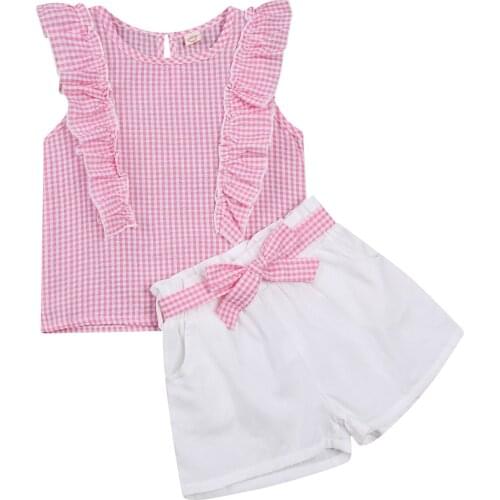 0-5Y Summer Sweet Baby Girl Clothing Ruffle Shoudler Pink Plaid Print Sleeveless Top Vest+White Shorts With Belt Set