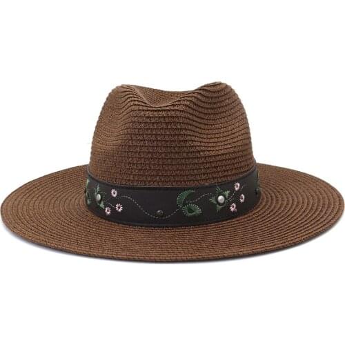 Panamas women hat solid wide brim belt band straw hats khaki black white outdoor jazz caps western cowboy sun casual beach hats
