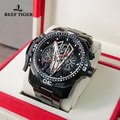 Reef Tiger/RT Top Brand All Black Sport Automatic Men Watch Fashion Stainless Steel Waterproof Multifunctional Mechanical Watch