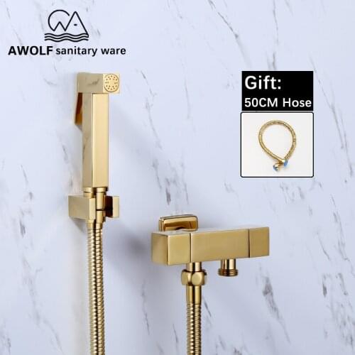 Hand Held Bidet Sprayer Titianium Shiny Gold Square Douche Kit Toilet Shattaf Solid Brass Dual Copper Valve Faucet Shower AP2178