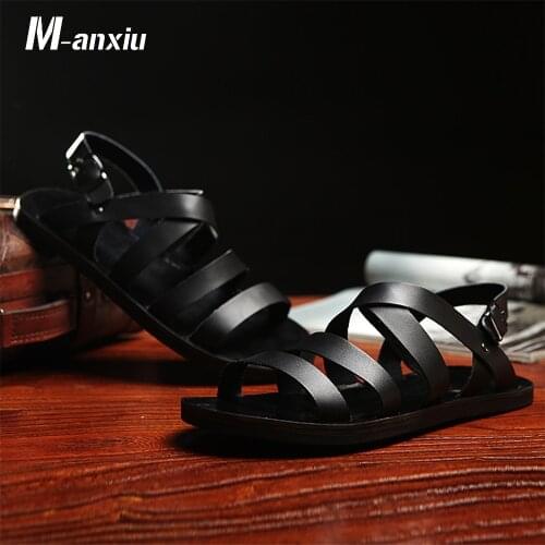 M-anxiu 2020 New Design Summer Antiskid Gladiator Genuine Leather Buckle Strap Sandal Men Casual Flat Rubber shoes
