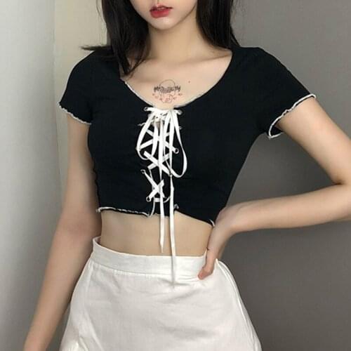 Sexy Gothic Slim Fit Bow Lace Up Crop Top Women Hollow Out Splice Bodycon Tshirts Female Summer Streetwear Casual Tops