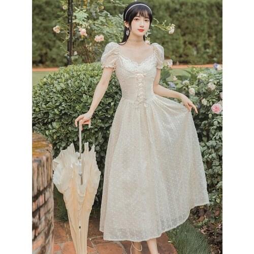 Princess Puff Sleeve Lace Dress Palace Retro V-neck Chiffon Embroidery Gentle Party First Love Maxi Dress French Fairy Dress