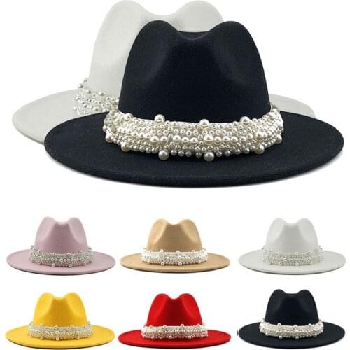 Women Pearl Felt Hat Elegant British Style Jazz Wool Fedora Hats Casual Men Women Formal Party Cap Sun Protection Panama Hat