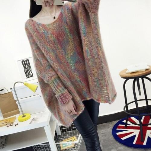 Snordic Women Autumn Winter Multicolor Oversized Sweater Batwing Sleeve Round Collar Knitted Pullovers Casual Jumpers