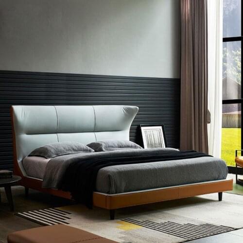 Contemporary Genuine Leather Bed Nothern Minimalism Designer King Size Bed Master Bedroom Bed