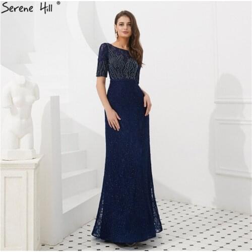 Navy Blue O-Neck Lace A-Line Evening Dresses Half Sleeves Beading Crystal Formal Dress Long Serene Hill LA60803