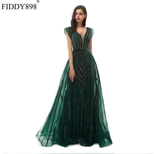 Mermaid Evening Dresses Long V Neck Dark Green Prom Dress 2020 Velvet Beaded Dubai Evening Gown Party Dress Vestido de Fiesta