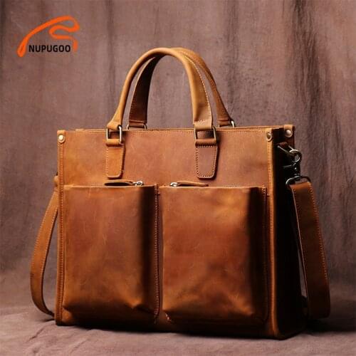 Vintage Mens Briefcase Genuine Leather Casual Trend Handbag High Capacity Shoulder Bag Zipper Pockte For 14 Inch Laptop NUPUGOO
