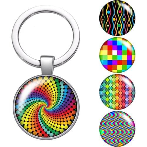 Rotating patterns Lines Dots glass cabochon keychain Bag Car key chain Ring Holder silver plated keychains for Men Women Gifts