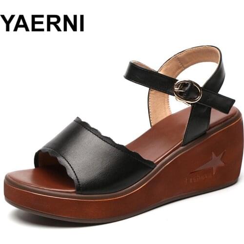 YAERNIBig Size34-43Genuine Leather Shoes Woman Summer 2019 Platform Sandals Ladies Wedge Heels Leather Sandals Women Beach Shoes