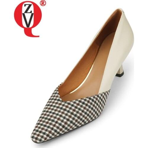 ZVQ Women Four seasons New Style Round Toe Leisure Shoes Genuine Leather and Check cloth upper Concise Comfortable office lady