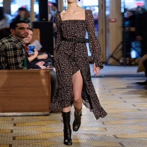 Summer dress fashion floral dress 2021 new style square collar retro black split long dress woman