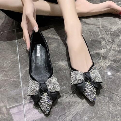 Rhinestone bow high heels womens 2021 spring low-heeled shallow pointy banquet dress single shoes bridesmaid wedding shoes