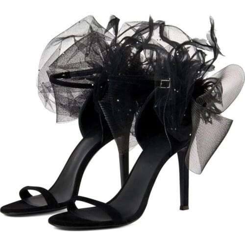 Black Suede Women Elegant Sandals Gladiator Ankle Strap Lace Decor Summer Shoes Sexy High Heels Prom Party Stilettos Sandalias