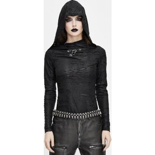 Black Hooded Tees Female Tops Long Sleeves Gothic Punk Women Tshirt Holes Top Women Clothing Spring Autumn