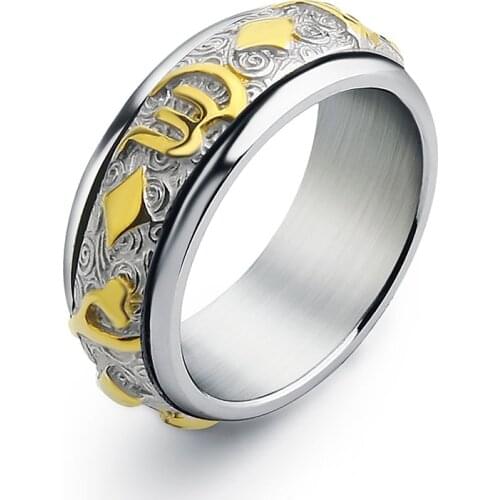 EdgLifU Mens Gold Color Buddhism Rings Stainless Steel Band Spinner Ring for Men Om Mani Padme Hum Rings Jewelry Size 7 to 13