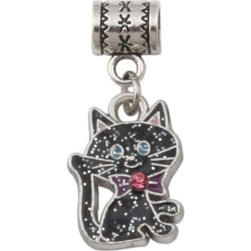 Hot sell ! 30pcs Black ENAMEL Bowtie Cat Dangle Bead fit European Style Charm Bracelets 14x30mm 4583L