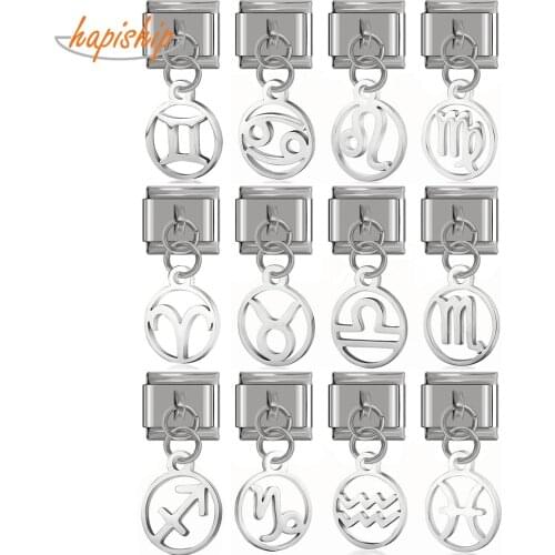 Hapiship Original Daisy Cutting Polishing 12 Constellation Italian Charm Fit 9mm Bracelet Stainless Steel Jewelry Making DJ213