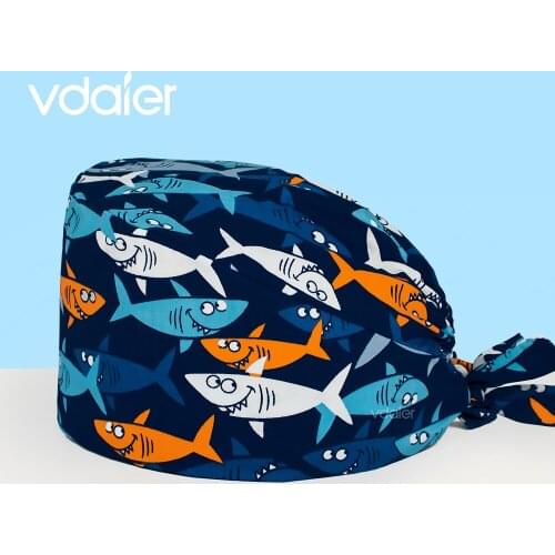 Whale Printing Pet Clinic Hygiene Print Nurse Uniform Headwrap Cotton Medical Scrub Caps With Sweatband Surgical Cap