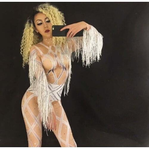 Custom White Tassel Sexy Sparkling Crystals Jumpsuit Bling Women Costume Nightclub Birthday Party Performance Stage Wear Costume