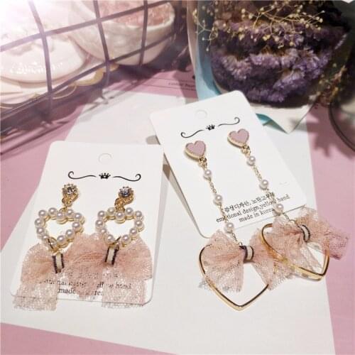 Korean Kawaii Lace Flower Bowknot Heart Pink Dangle Drop Earrings for Women Girl Wholesale Sweet Summer Fashion Jewelry