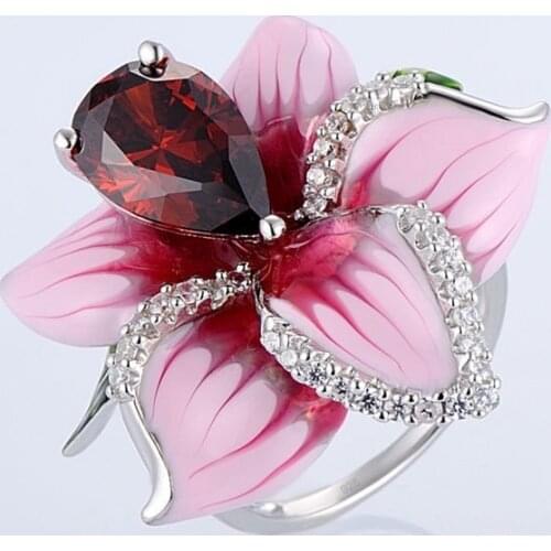 Cute Female Pink Flower Ring Fashion Bridal Red Stone Ring Vintage Wedding Jewelry Promise Love Engagement Rings For Women