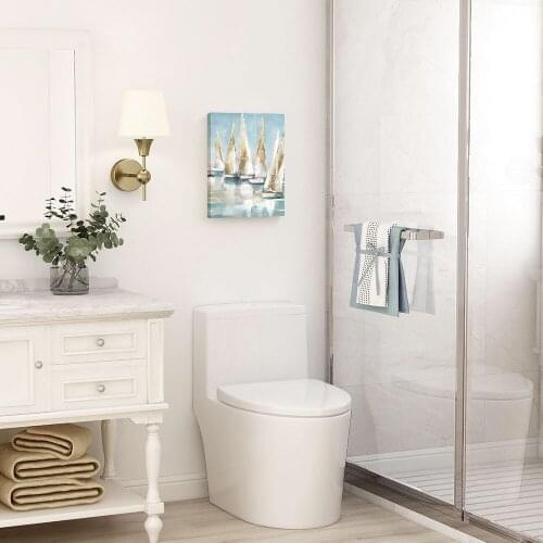 SailBoat Wall Art Canvas Painting Gold Blue Picture Nautical Ocean Bathroom Poster for Modern Bedroom Beach House Decor