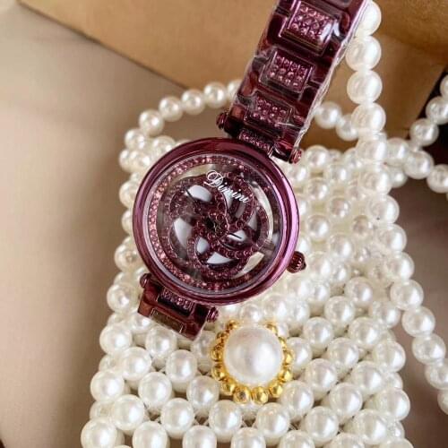 Anti Fade Brand Women Purple Crystals Dress Watches Hollow Flower Spinning Wrist watch Waterproof Full Steel Watch Quartz Montre
