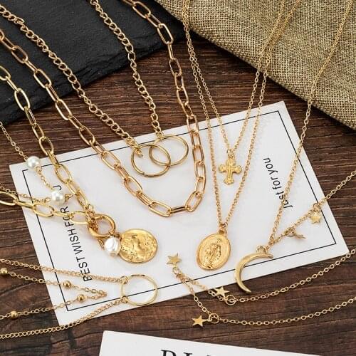 Fashion Vintage Multi-layer Cross Necklaces For Women Gold Metal Geometric Hanging Necklaces 2021 Trend Female Modern Jewelry