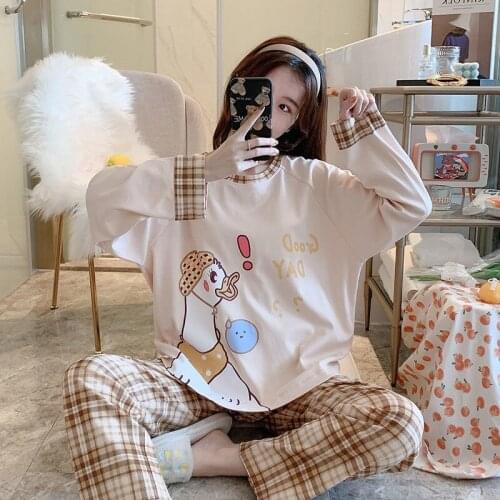 QWEEK Sleepwear Women Cotton Pajamas Japanese Kawaii Cartoon Print Pijamas Autumn Summer Home Clothes Loungewear Two Piece Set