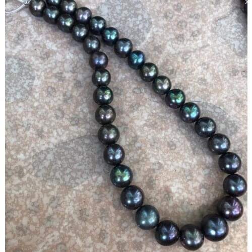 Stunning 13-15mm Tahitian round black green pearl necklace 18"925s kkk
