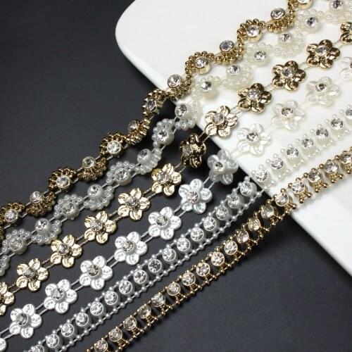 Sew-On Rhinestone Chain Tape Rhinestones Gold/Pearl White Rhinestone Crafts For Clothes 1Yard Resin Craft Sewing Accessories