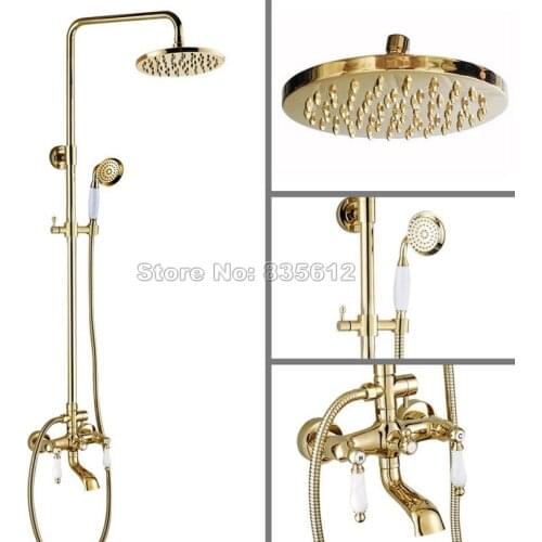 Luxury Gold Color Brass Rain Shower Faucet Set W/Hand Spray /Bathroom Wall Mounted Ceramic Dual Handles Bathtub Mixer Tap Wgf372