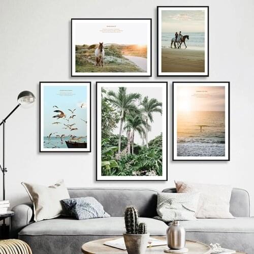 Scandinavian Landscape Canvas Print Painting Wall Art Seaview Bird Boat Couple Ride Horse Nordic Modren Poster Decor Picture