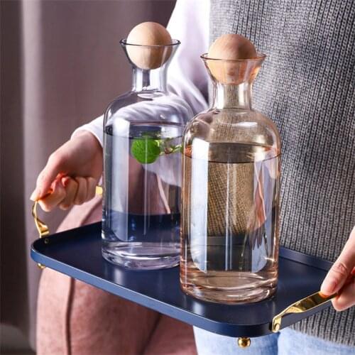 Glass Carafe Nordic Water Pitcher with Wood Lid Kettle Drinking Cup Juice Jug Tea Pot Household Drinkware Clear Water Bottle