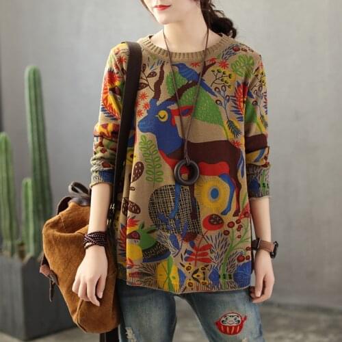 Harajuku Top Animal Deer Pattern Women Sweater O-Neck Pullover Jumper Long Sleeve Spring Knitted Vintage Casual Outerwear Pull
