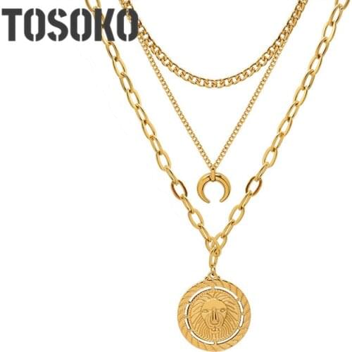 TOSOKO Stainless Steel Jewelry Three Layers Of Female Moon Lion Pendant Sweater Chain With Necklace BSP964