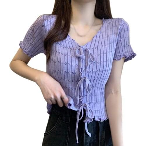 Summer Womens Fashion Sweet V-neck Lace up Short Style Stripe Hollow Knitted Solid Color Slim Tops Blouse