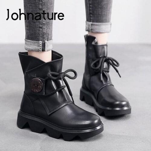 Johnature Women Shoes Platform Boots 2020 New Genuine Leather Zip Round Toe Wedges Handmade Concise Leisure Retro Ladies Boots