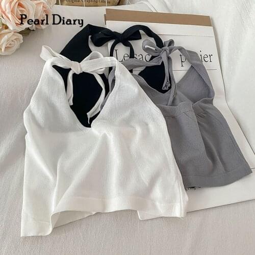Pearl Diary Women Solid Color Halter V Neck Tops Bow Tied Back Crop Knit Tops Summer Backless Beachwear Sexy Hot Tops