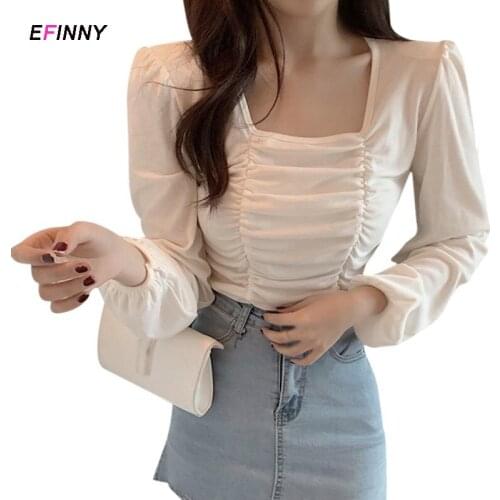 Women White Crop Top T-shirt Women 2021 Spring Summer Blouses Ladies Square Neck Long Sleeve Shirts Folds Womens T-shirt