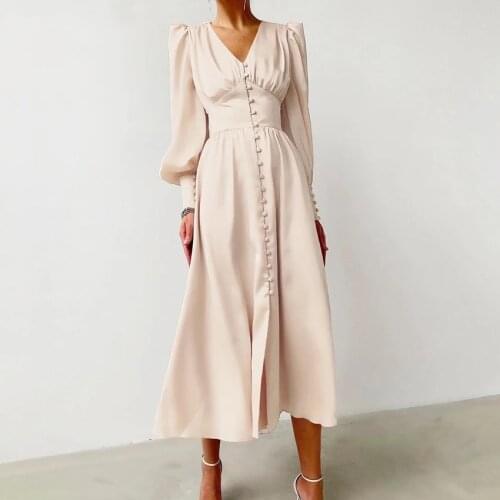 Beige Single Breasted Satin Dress Women Party High Waist Elegant Pleat Long Dress V Neck Puff Sleeve Simple Midi Dresses Ruched