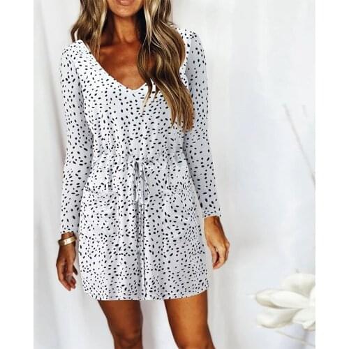 Spring Polka Dot Print Long Sleeve Dress V-neck Casual A-line Dresses Ladies Fashion Lace-up Dress With Pocket Home Mini Vestido