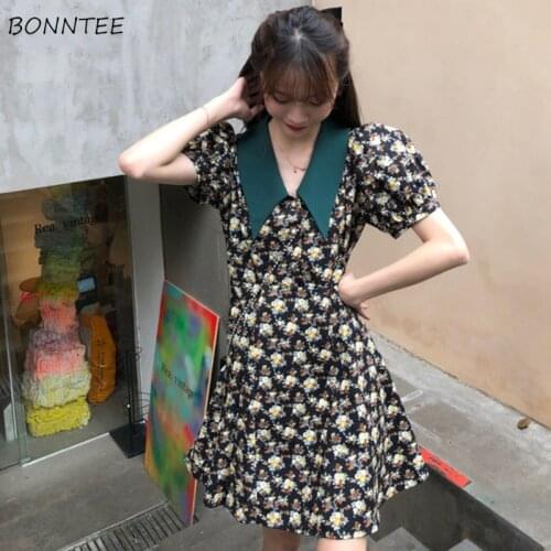 Dress Women Kawaii Design Casual Printing Puff Sleeve Students Sweet Girls All-match Dating Floral Ulzzang Harajuku Cool Stylish
